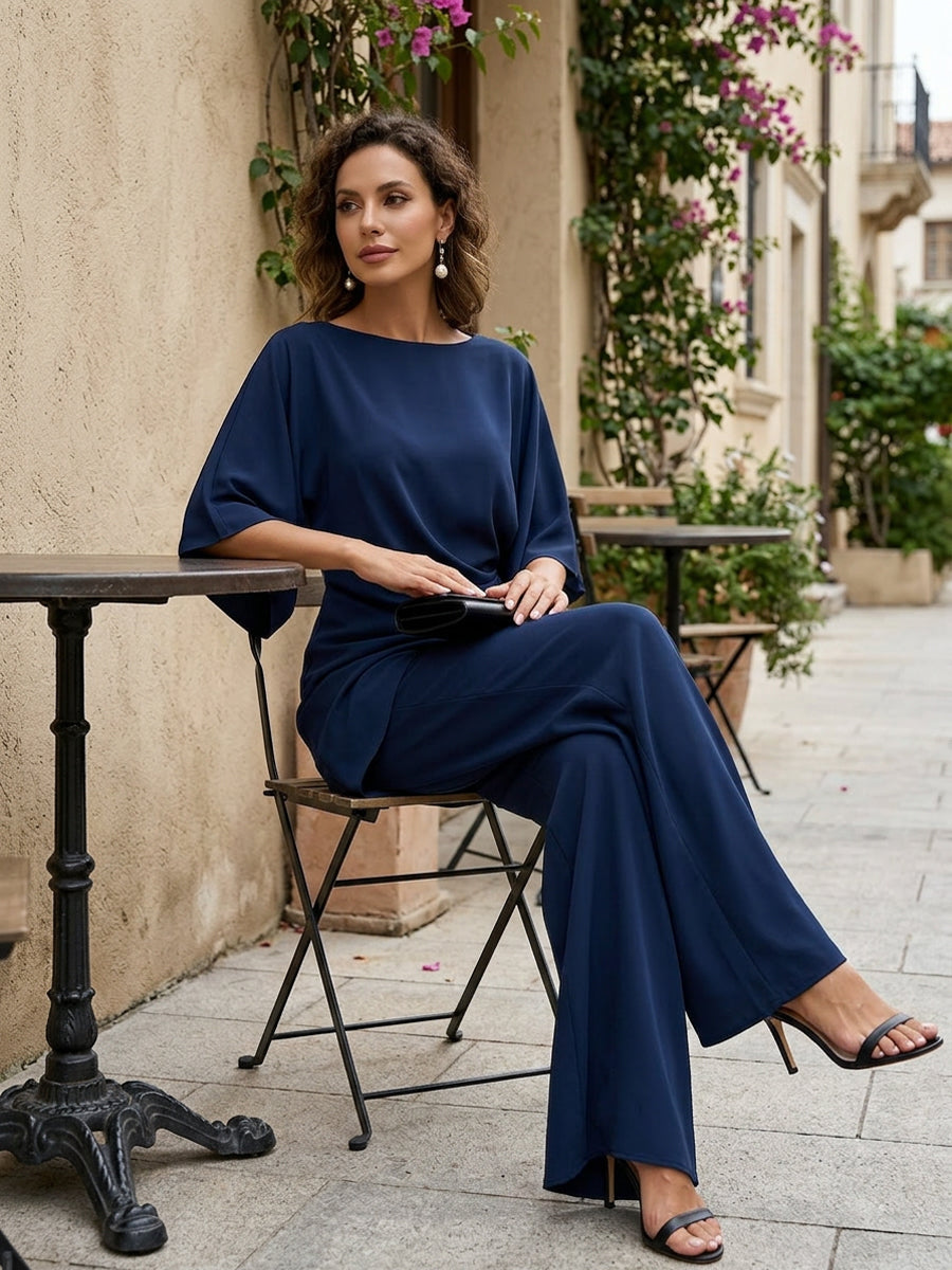 Cape Sleeve Blouse and Wide-Leg Pants Set