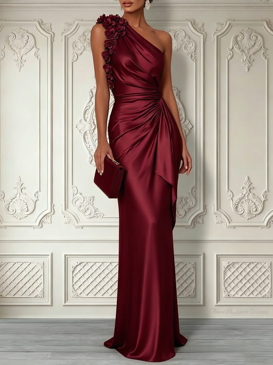 One-Shoulder Ruched Satin Column Maxi Evening Dress - Burgundy