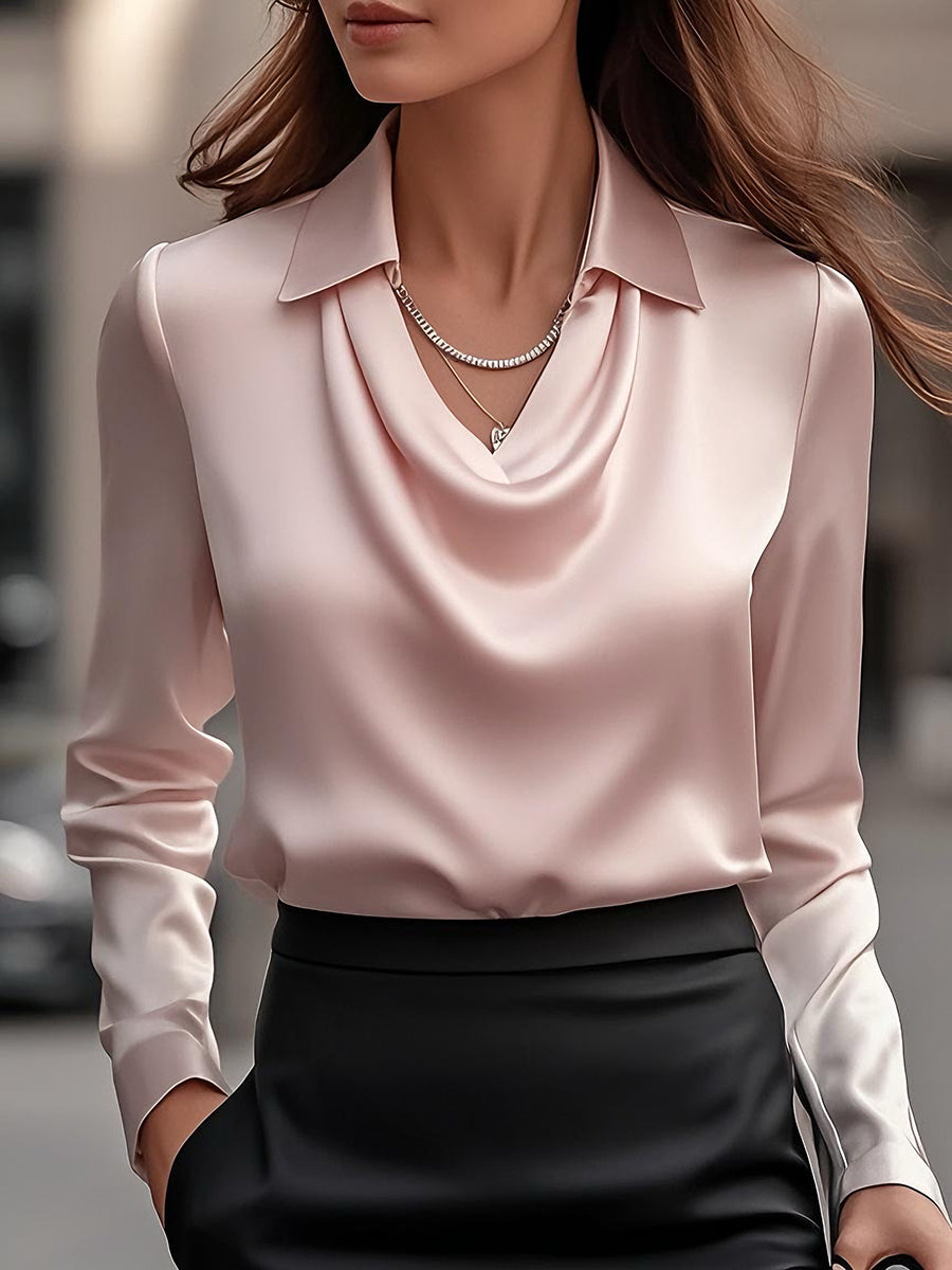 Satin Cowl Neck Long Sleeve Collared Blouse
