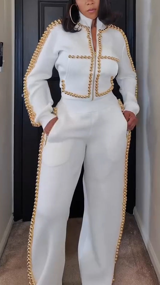 Gold Bead Trim Cropped Jacket and Pant Set