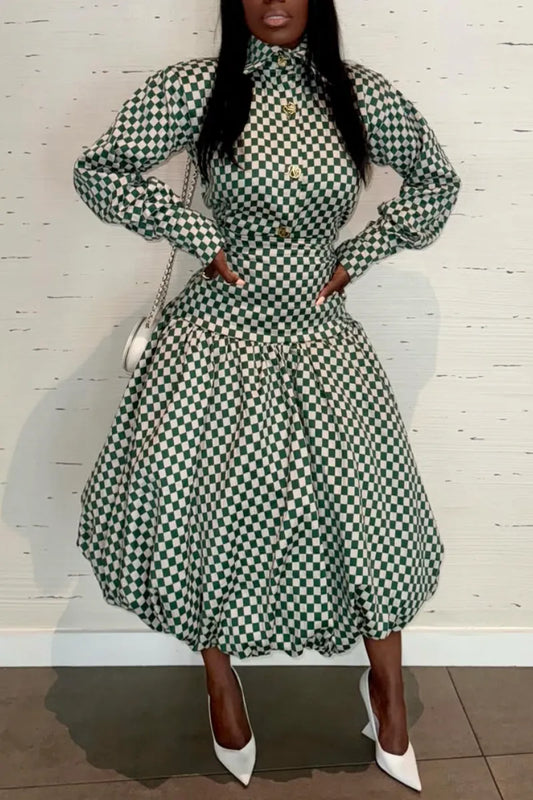 Collared Long-Sleeve Plaid Midi Dress With Bubble Hem
