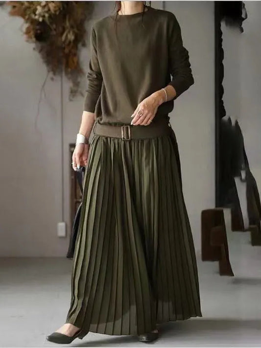 Knit Bodice Pleated Maxi Dress With Belt - Green