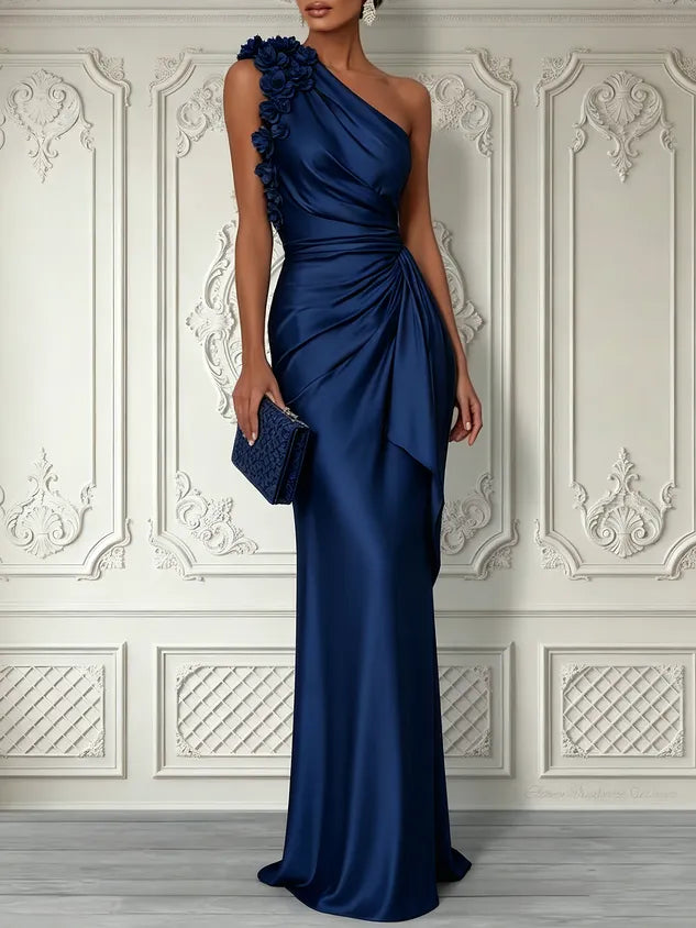One-Shoulder Ruched Satin Column Maxi Evening Dress