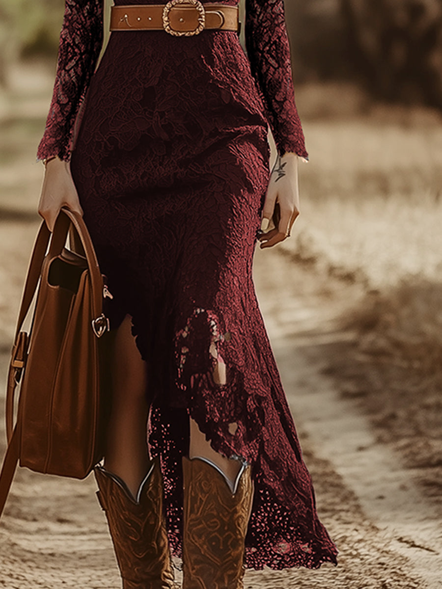 Long-Sleeve V-Neck Lace Midi Dress With Belt