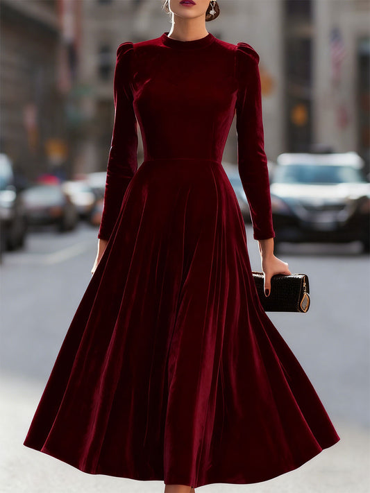 Long Sleeve Velvet A-Line Midi Dress With Puff Shoulders - Burgundy