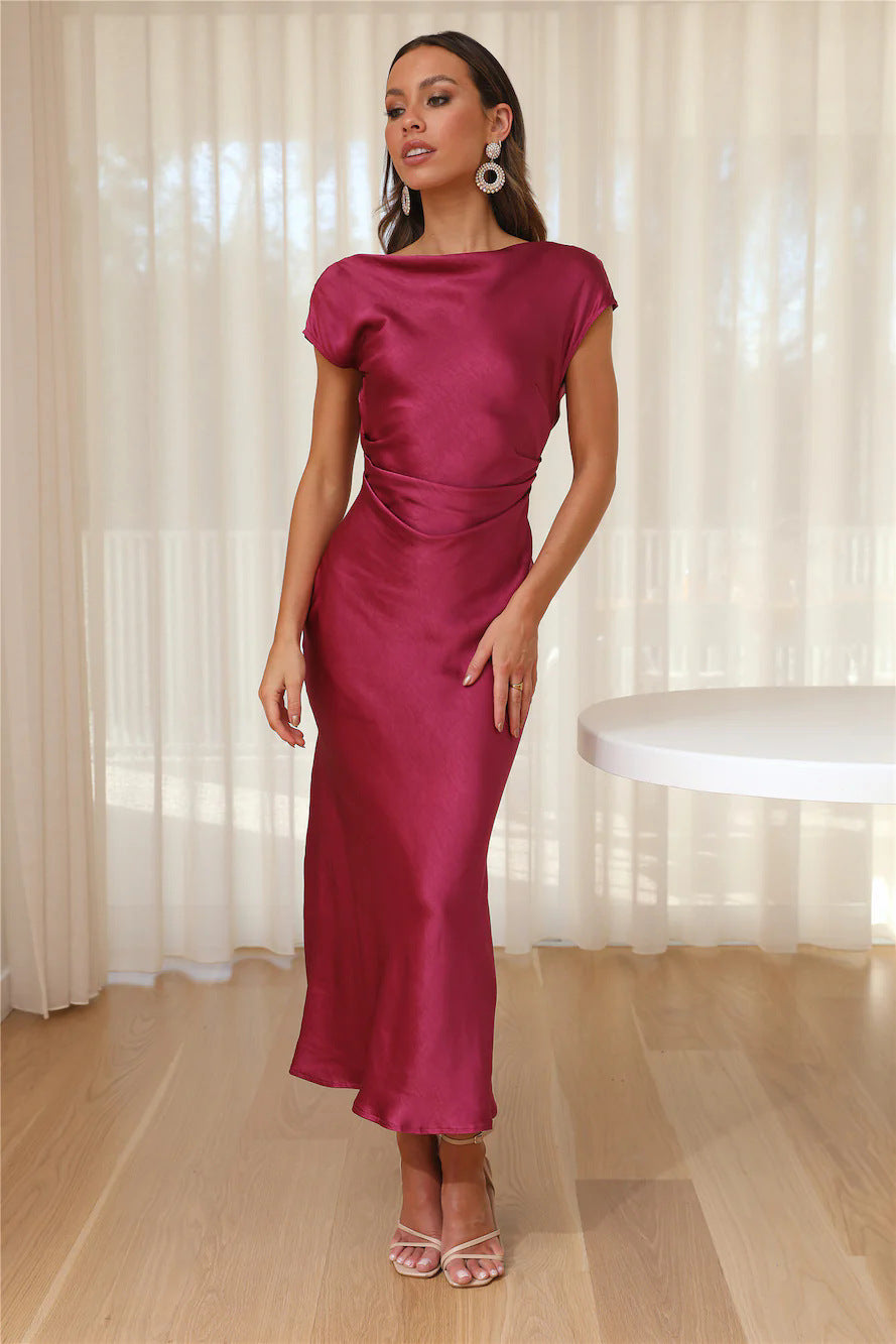 Satin Cap Sleeve Cowl Back Midi Dress