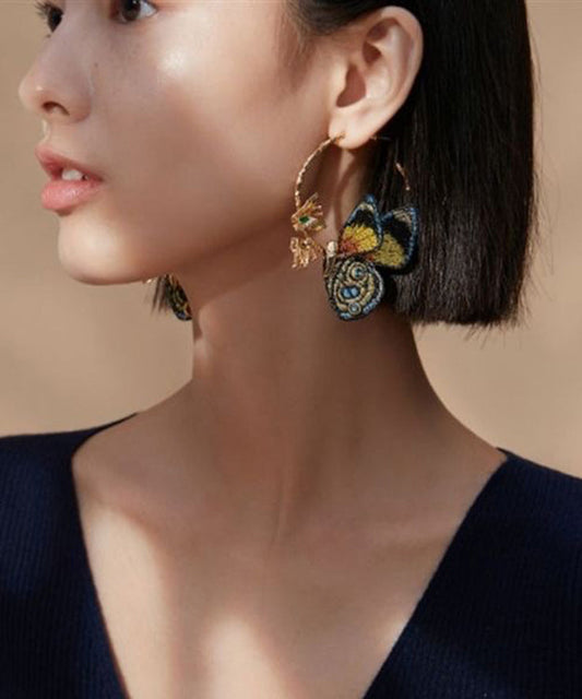 Embroidered Butterfly Statement Gold-Tone Hoop Earrings
