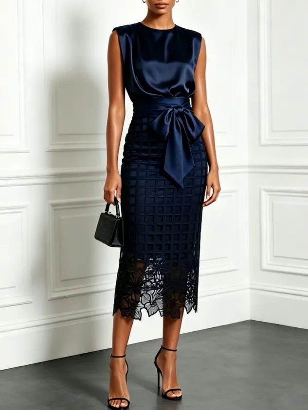 Sleeveless Satin Top And Lace Midi Pencil Skirt Set