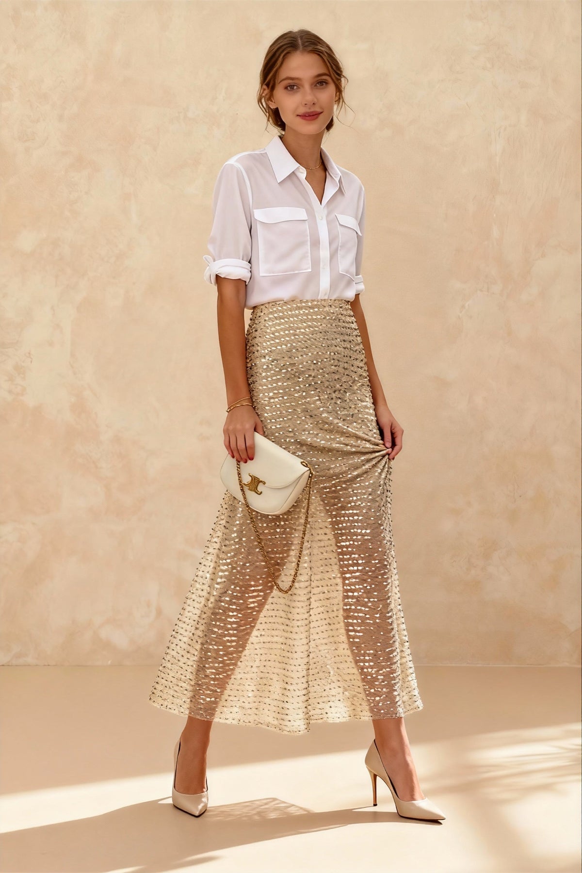Soft Pleat Sequin Maxi Skirt
