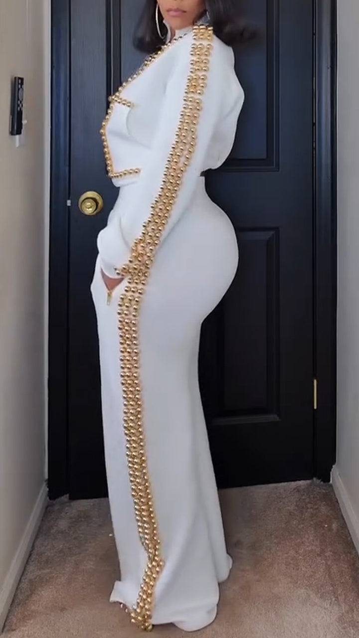 Gold Bead Trim Cropped Jacket and Pant Set