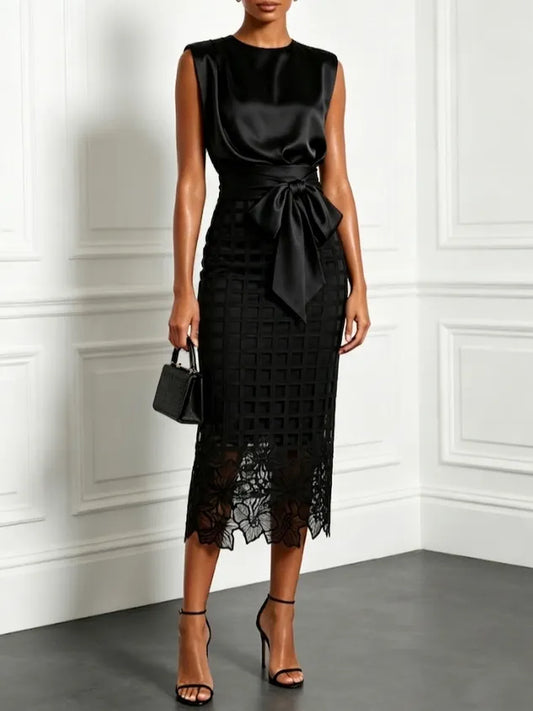 Sleeveless Satin Top And Lace Midi Pencil Skirt Set - Black