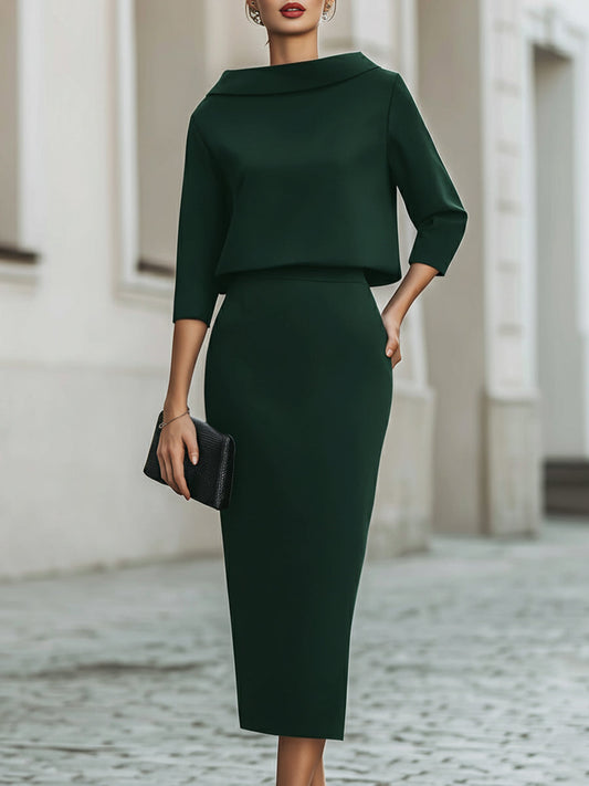 Knit Boat Neck Top and High-Waist Pencil Skirt Set - Emerald