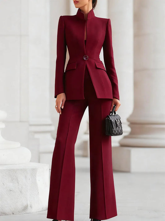 Stand Collar Blazer and Wide Leg Trouser Suit Set - Burgundy