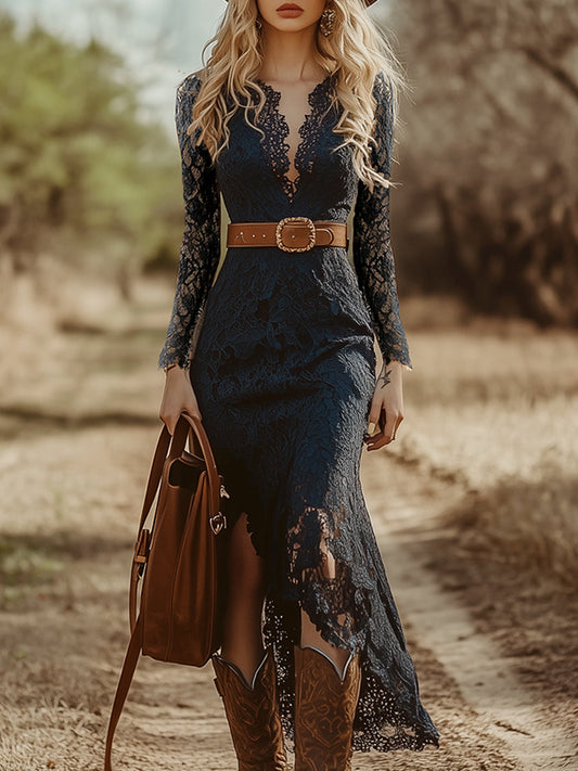 Long-Sleeve V-Neck Lace Midi Dress With Belt - Blue