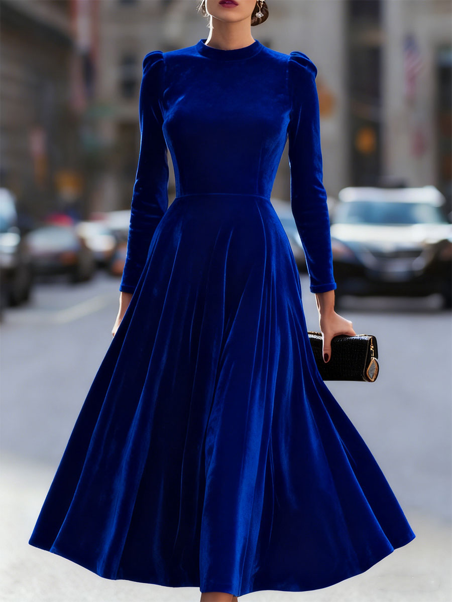 Long Sleeve Velvet A-Line Midi Dress With Puff Shoulders