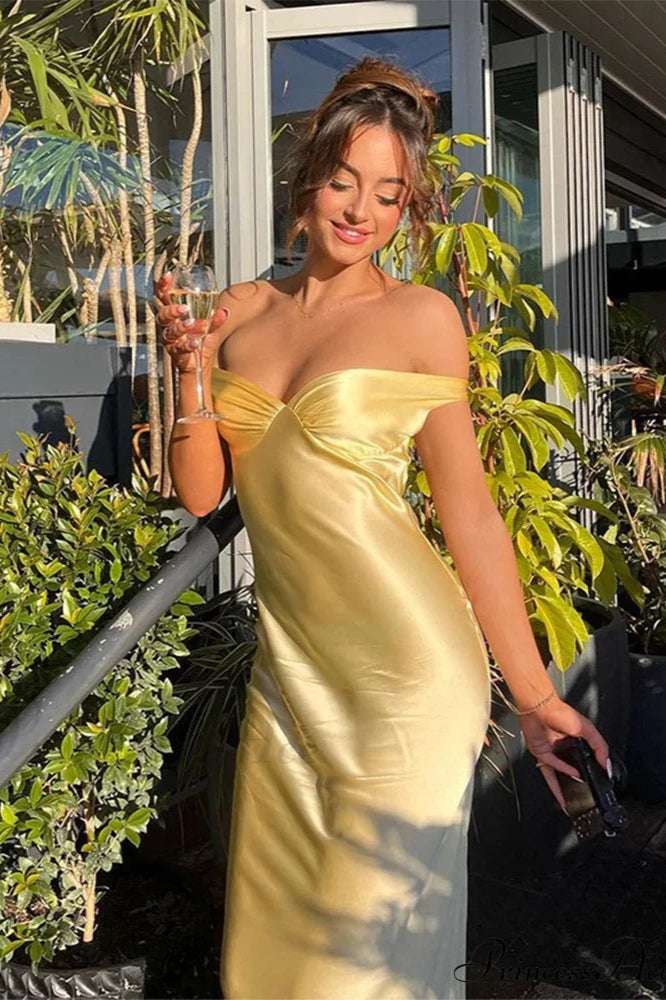 Off-Shoulder Satin Maxi Evening Dress with Open Back - Yellow