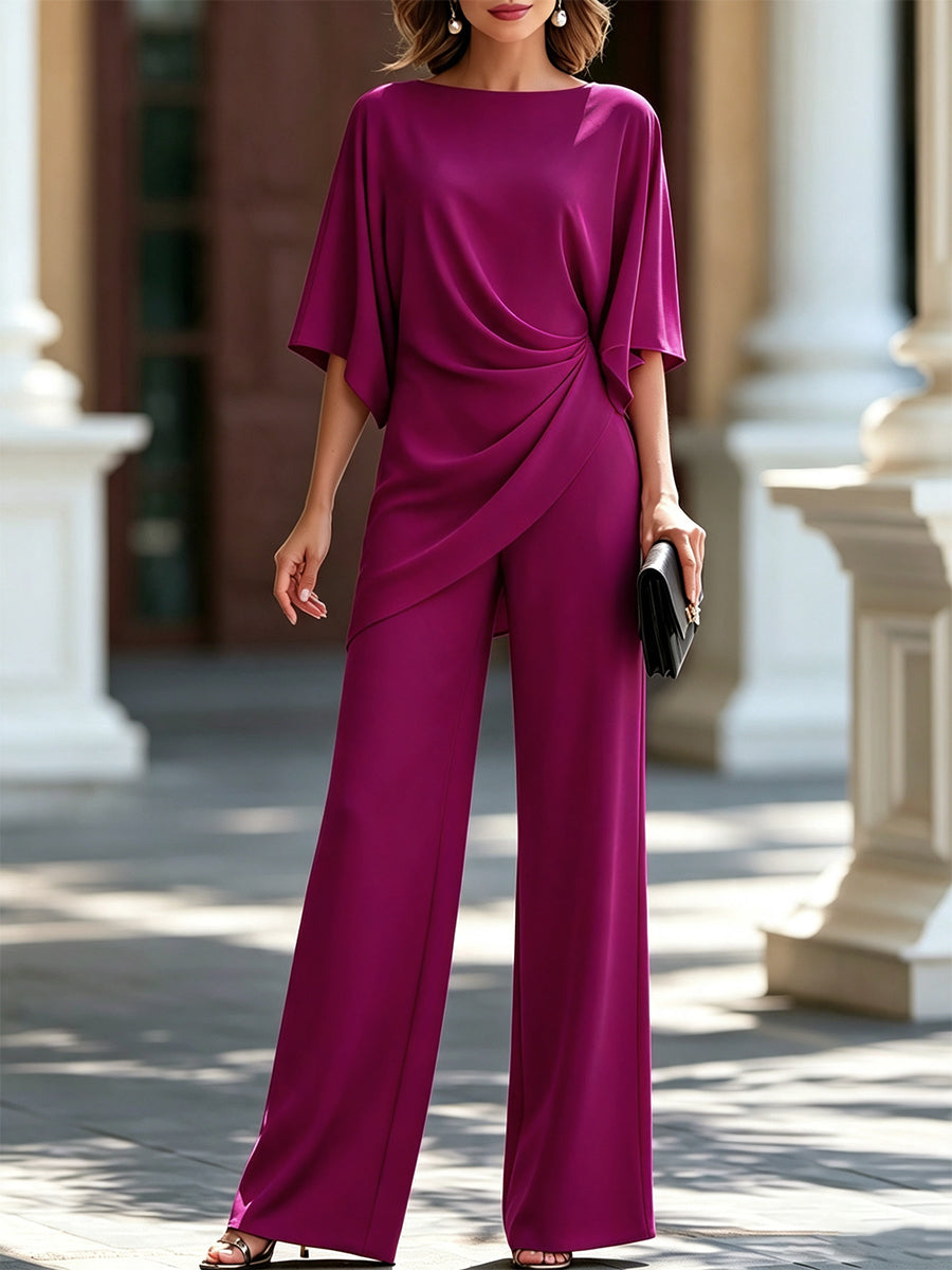 Cape Sleeve Blouse and Wide-Leg Pants Set