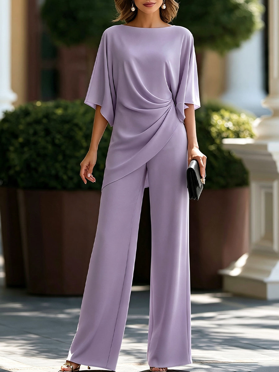 Cape Sleeve Blouse and Wide-Leg Pants Set
