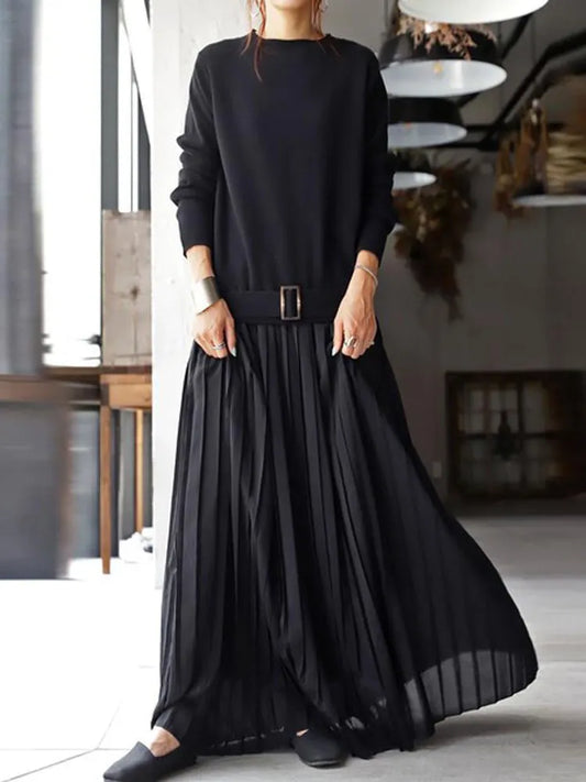 Knit Bodice Pleated Maxi Dress With Belt - Black