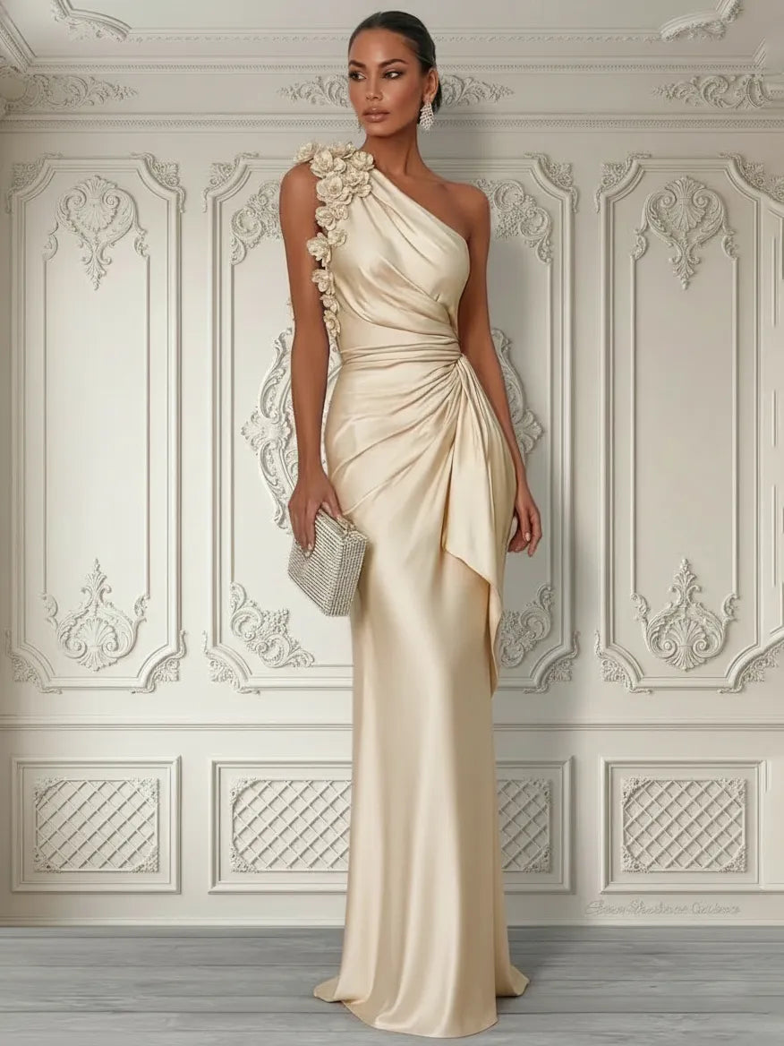 One-Shoulder Ruched Satin Column Maxi Evening Dress