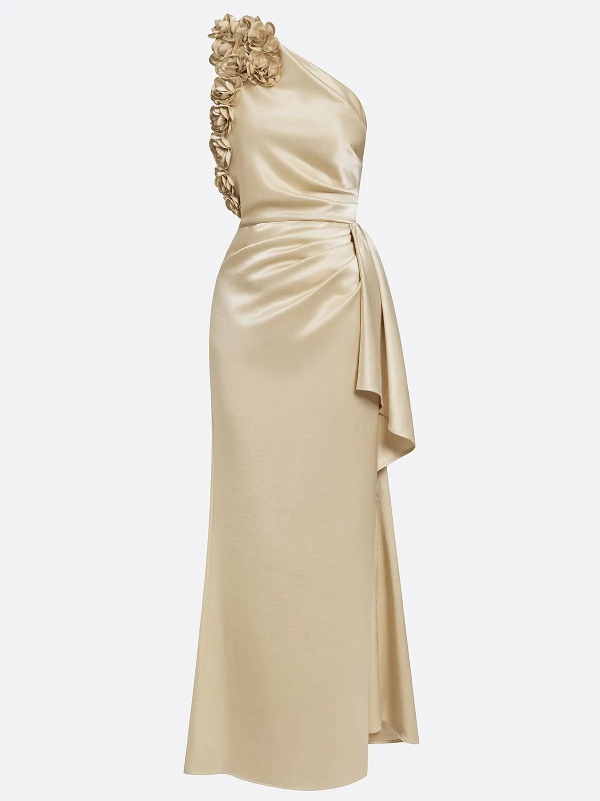 One-Shoulder Ruched Satin Column Maxi Evening Dress