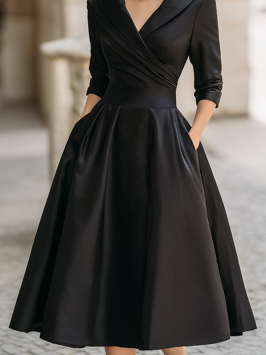 Satin Shawl Collar A-Line Midi Dress With Pockets