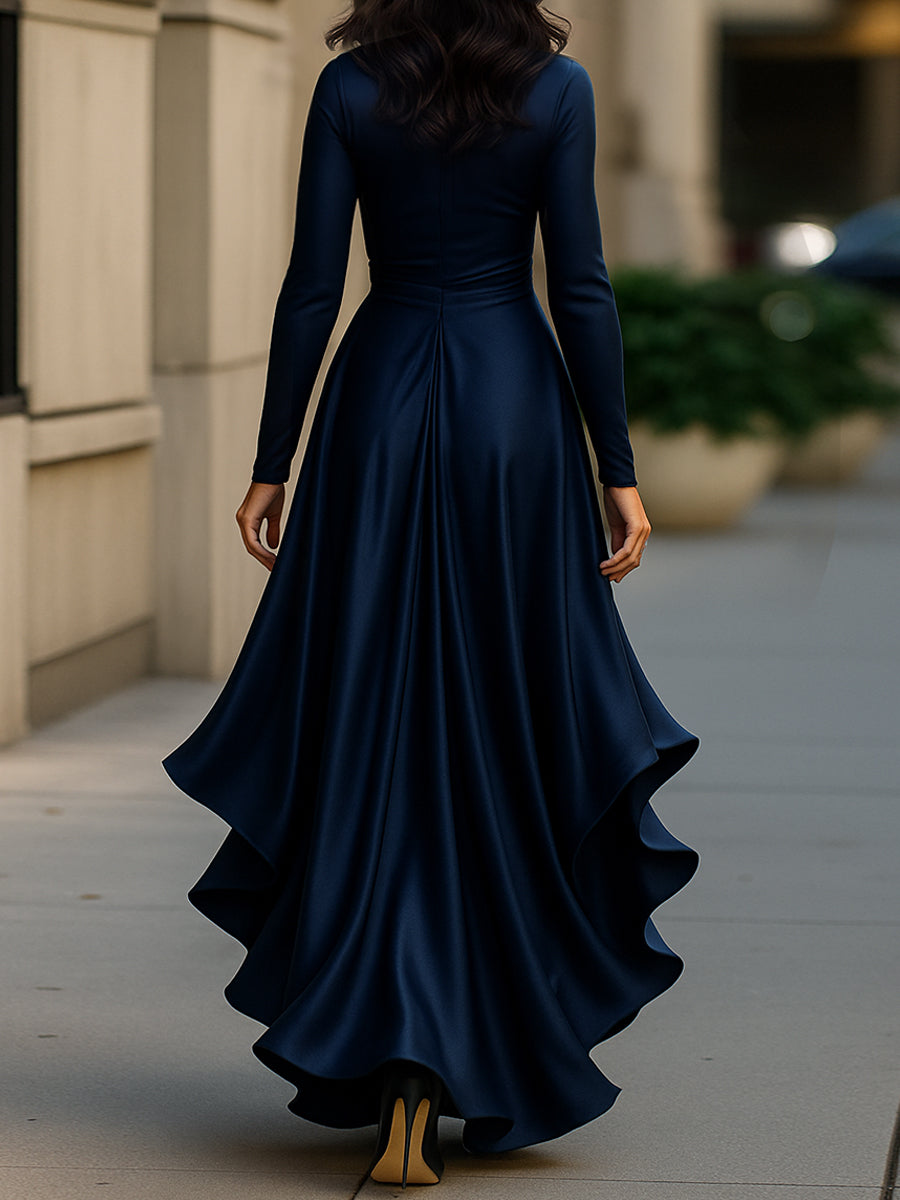 Long-Sleeve Draped Satin Wrap Maxi Dress with Ruffle Hem