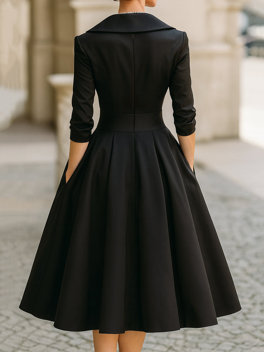 Satin Shawl Collar A-Line Midi Dress With Pockets