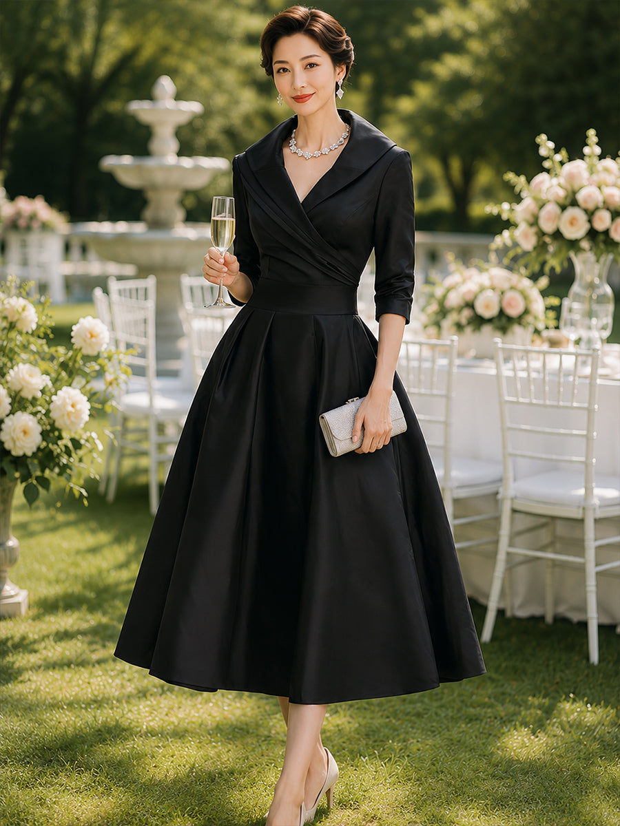 Satin Shawl Collar A-Line Midi Dress With Pockets
