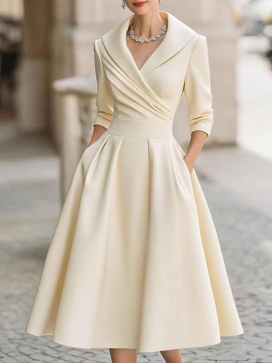 Satin Shawl Collar A-Line Midi Dress With Pockets - Beige
