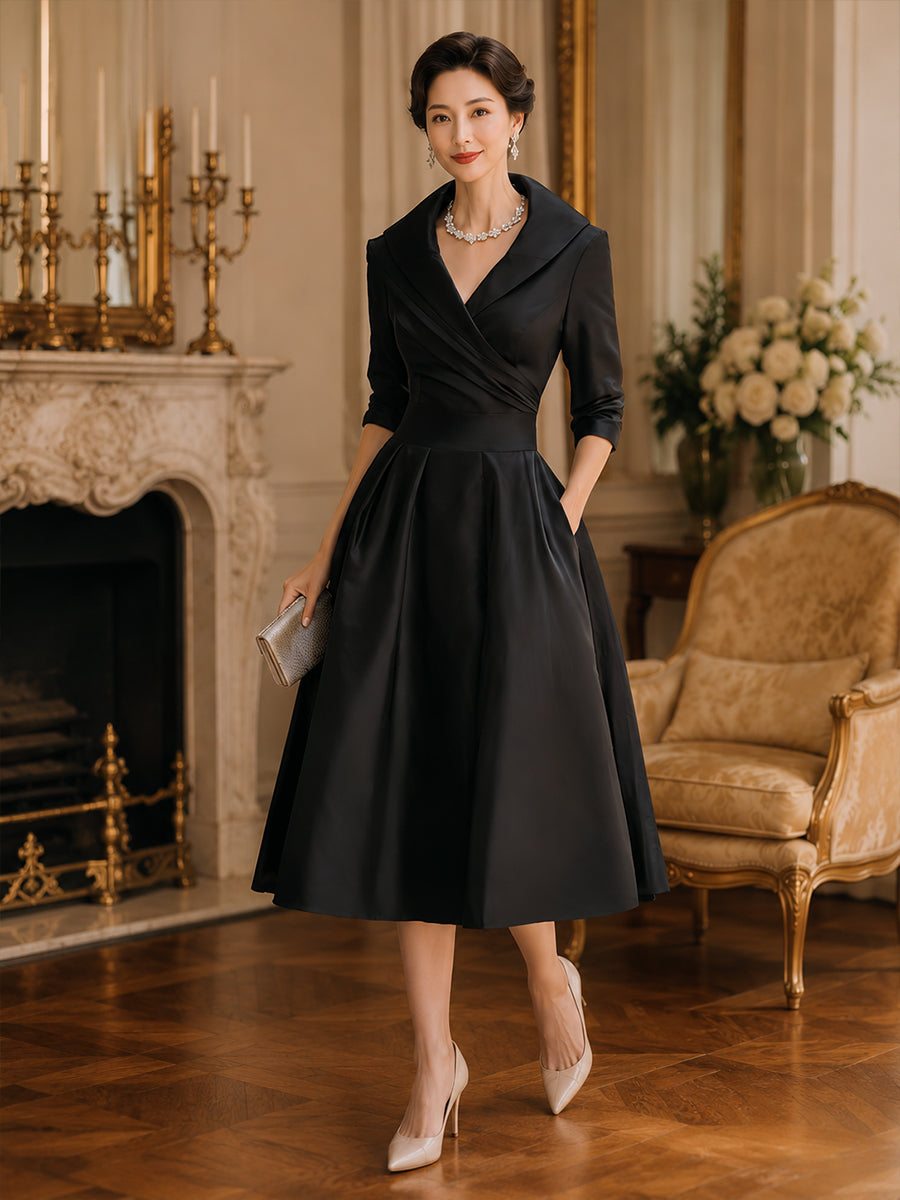 Satin Shawl Collar A-Line Midi Dress With Pockets
