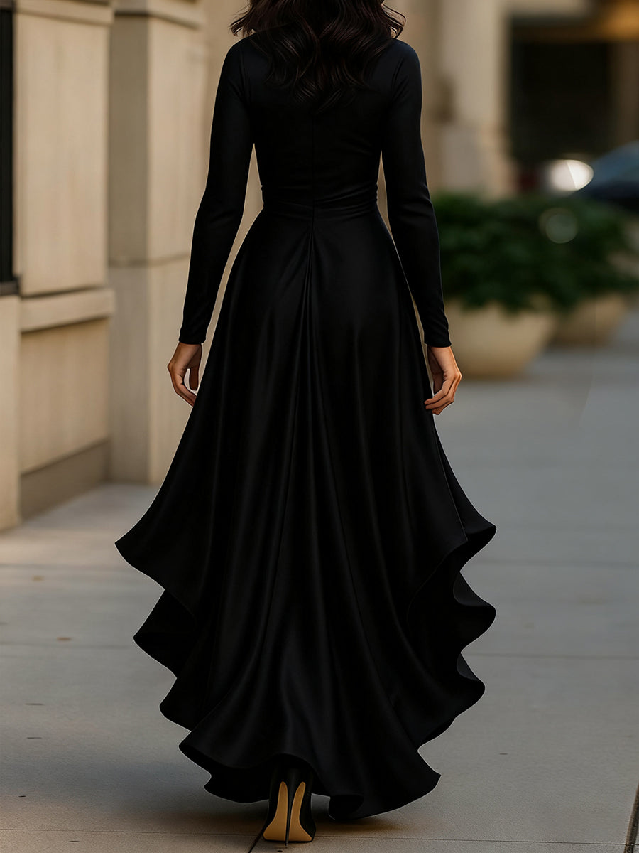 Long-Sleeve Draped Satin Wrap Maxi Dress with Ruffle Hem
