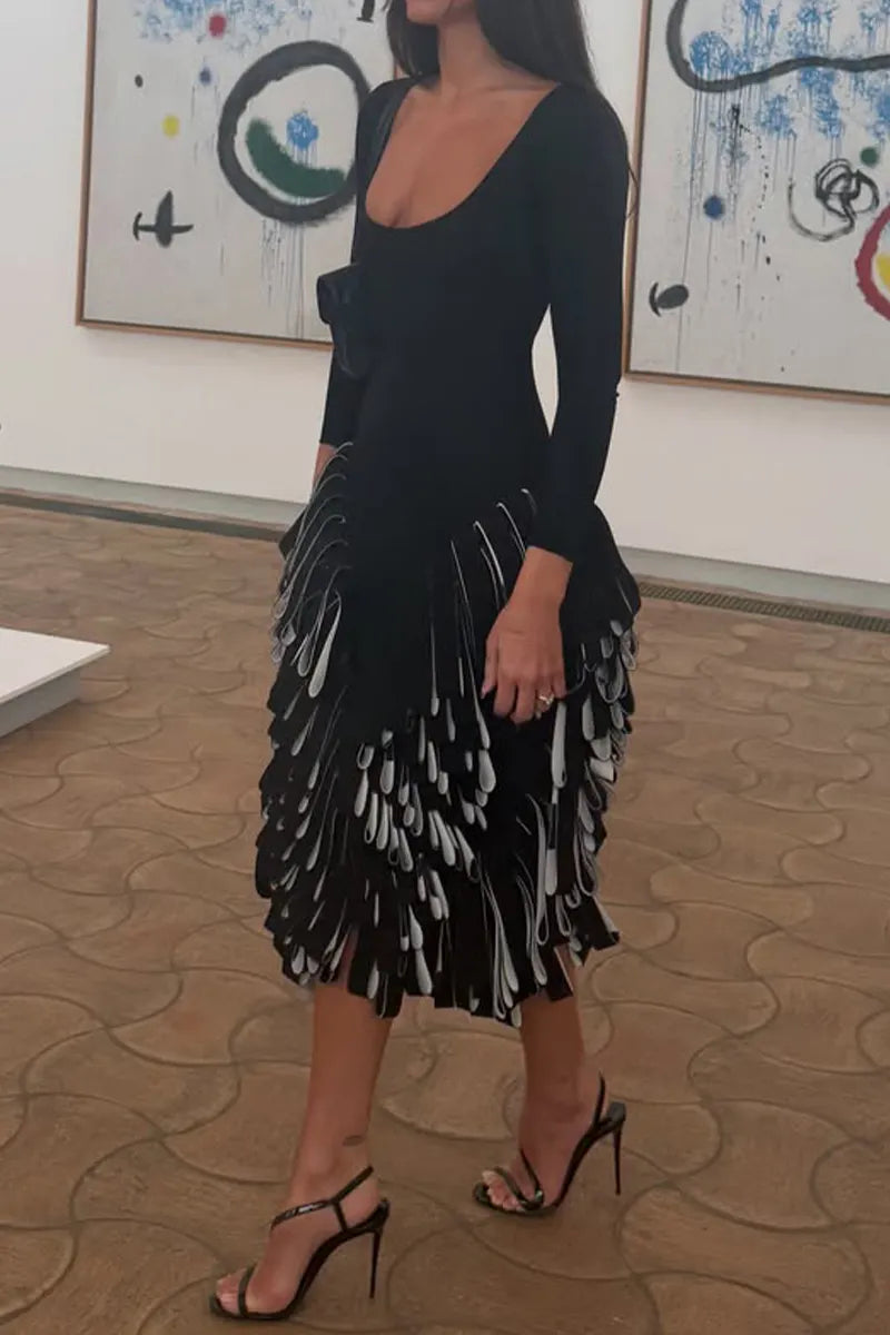 Long Sleeve Square Neck Fringe Midi Party Dress