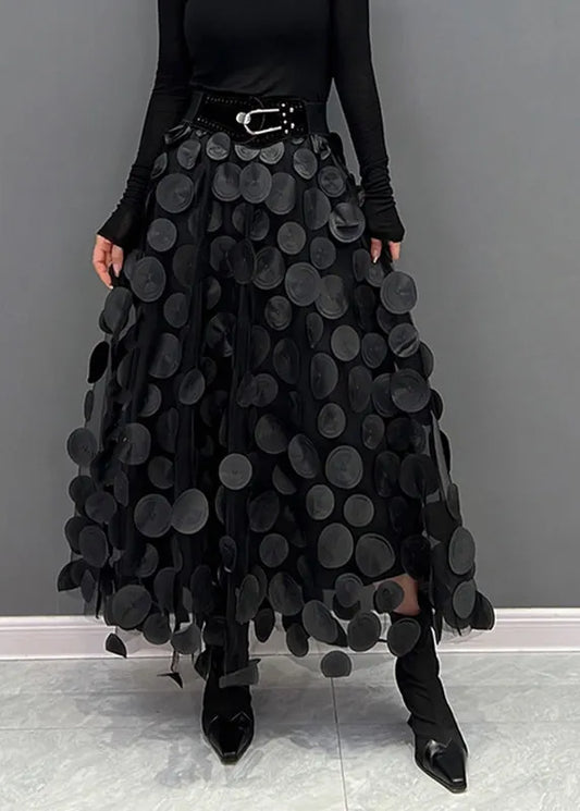 Black 3D Dot Tulle Maxi Skirt With Elastic Waist - Black