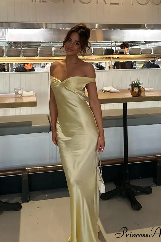 Off-Shoulder Satin Maxi Evening Dress with Open Back
