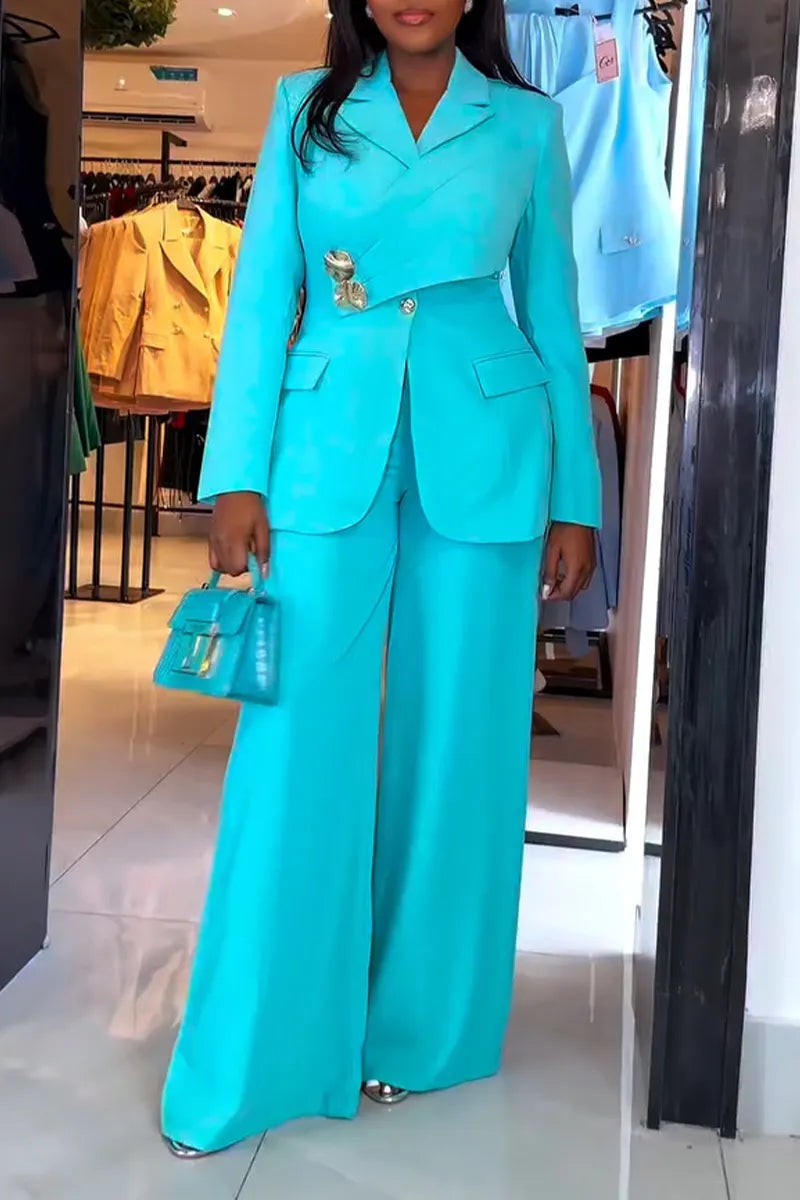 Asymmetric Wrap Blazer and Wide Leg Pants Suit