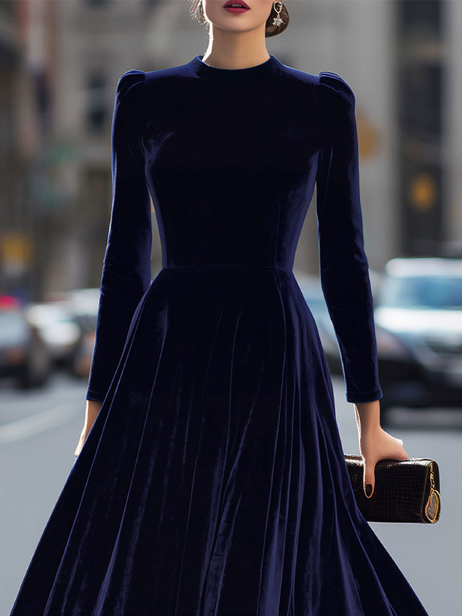 Long Sleeve Velvet A-Line Midi Dress With Puff Shoulders