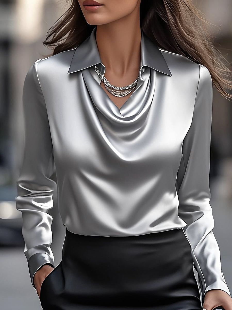 Satin Cowl Neck Long Sleeve Collared Blouse