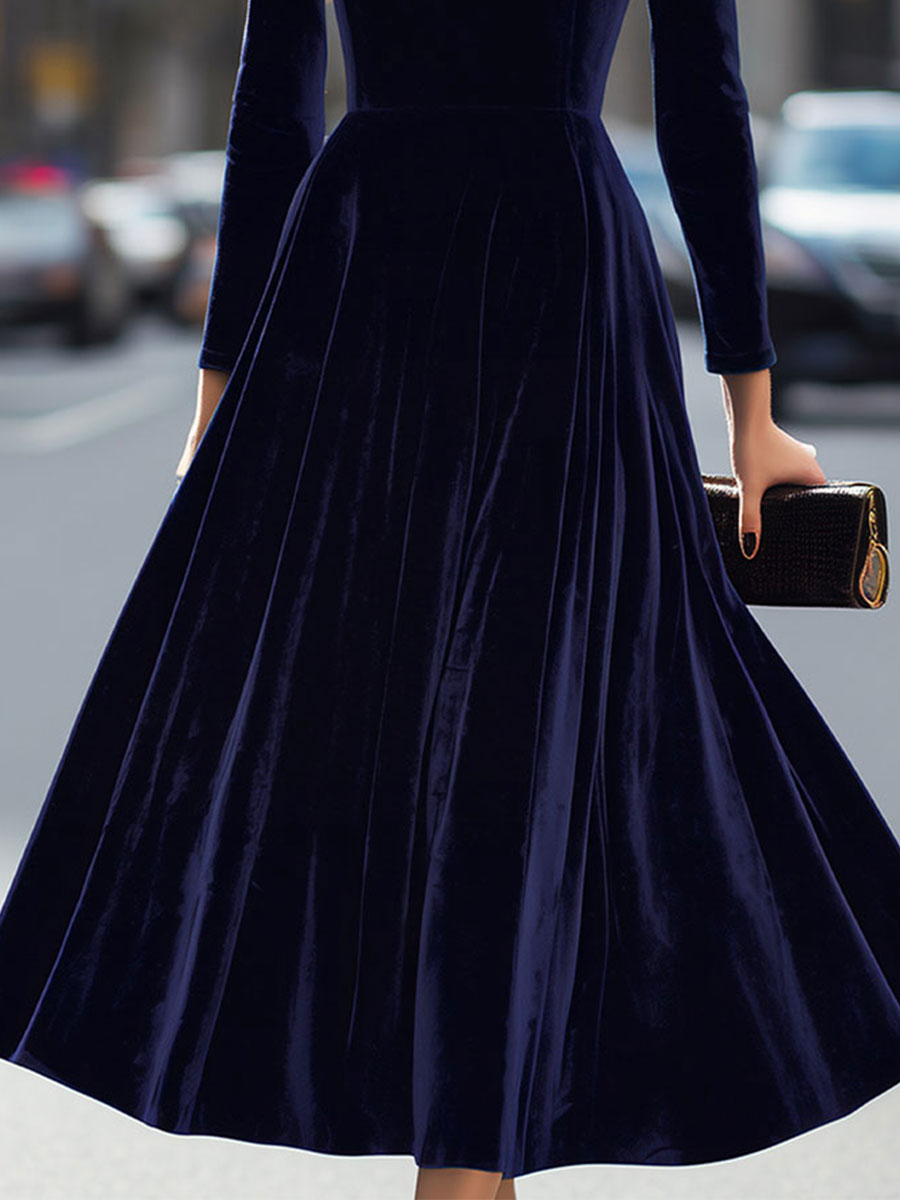 Long Sleeve Velvet A-Line Midi Dress With Puff Shoulders