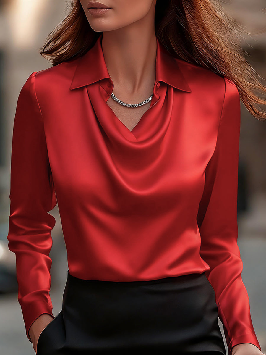 Satin Cowl Neck Long Sleeve Collared Blouse