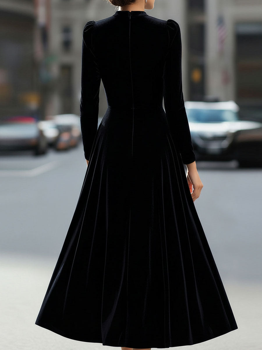 Long Sleeve Velvet A-Line Midi Dress With Puff Shoulders