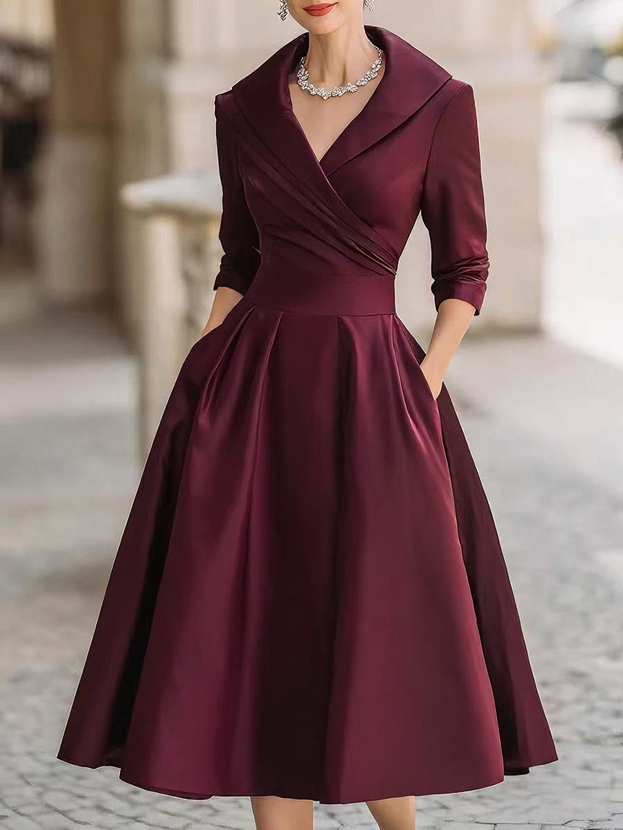 Satin Shawl Collar A-Line Midi Dress With Pockets - Wine
