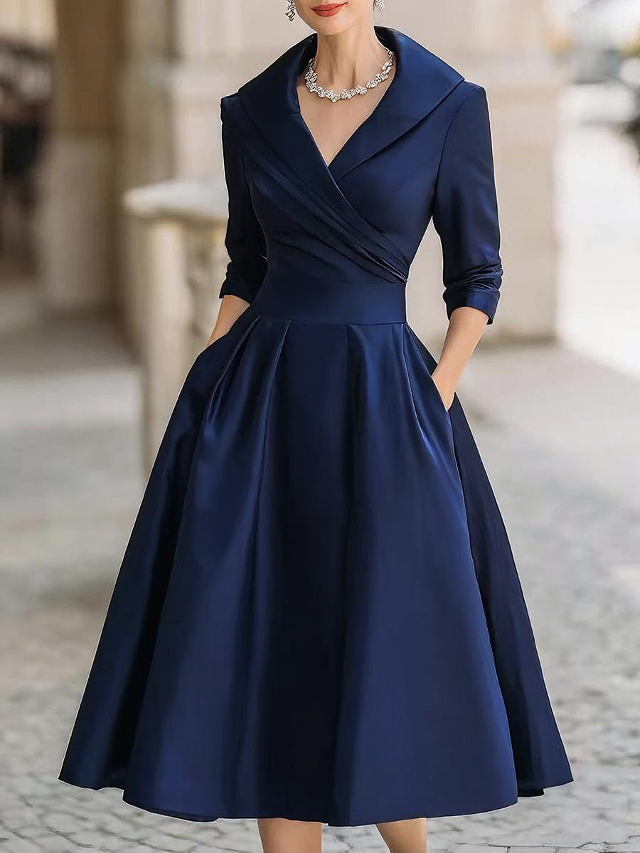 Satin Shawl Collar A-Line Midi Dress With Pockets