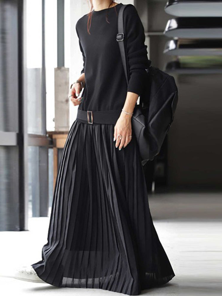 Knit Bodice Pleated Maxi Dress With Belt