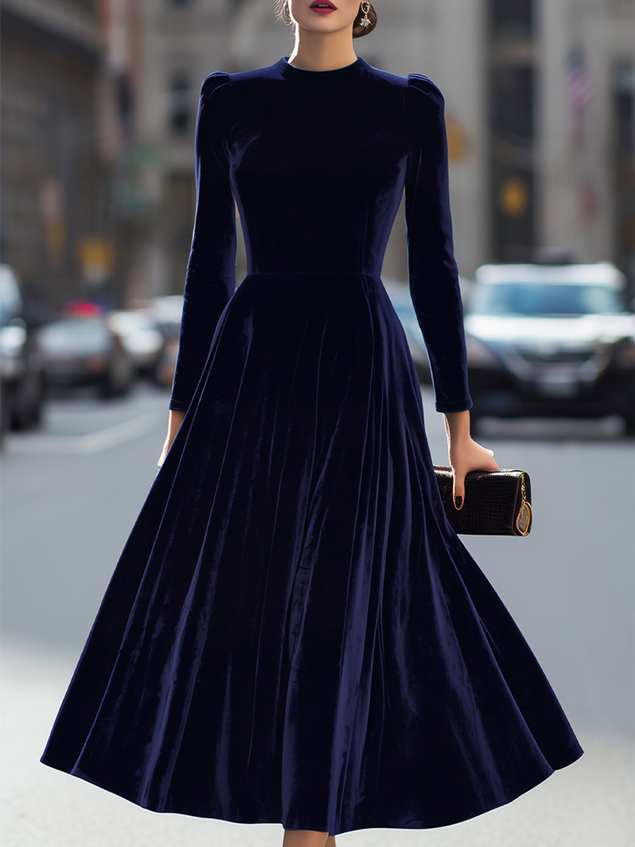 Long Sleeve Velvet A-Line Midi Dress With Puff Shoulders - Navy
