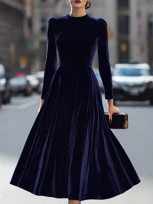 Long Sleeve Velvet A-Line Midi Dress With Puff Shoulders - Navy
