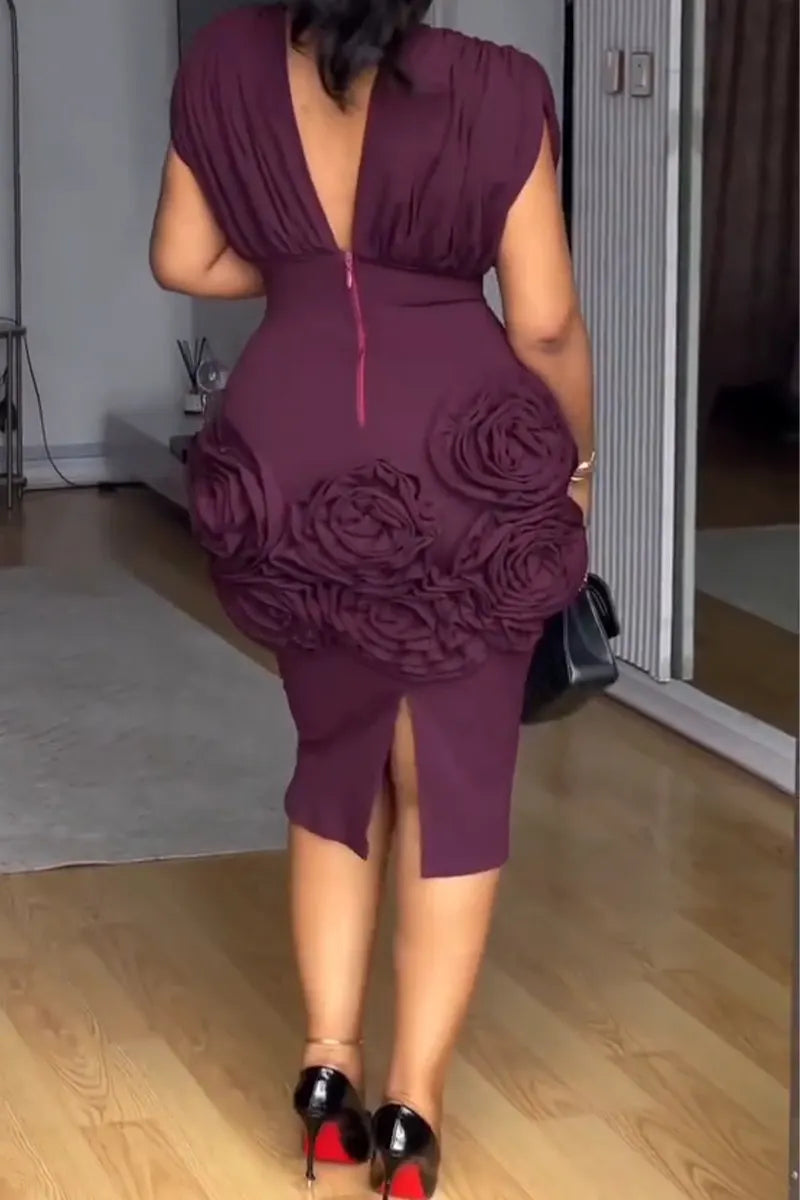 V-Neck 3D Rosette Cinched Waist Midi Dress