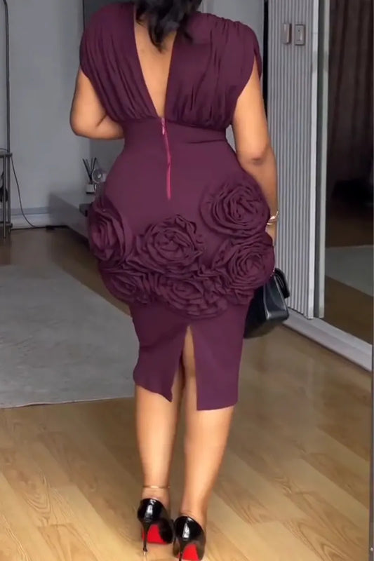 V-Neck 3D Rosette Cinched Waist Midi Dress