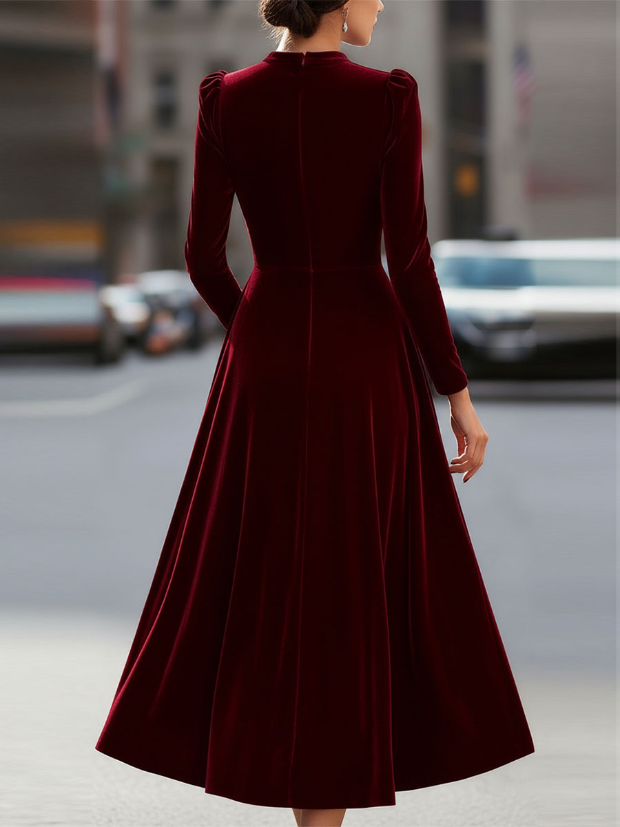 Long Sleeve Velvet A-Line Midi Dress With Puff Shoulders