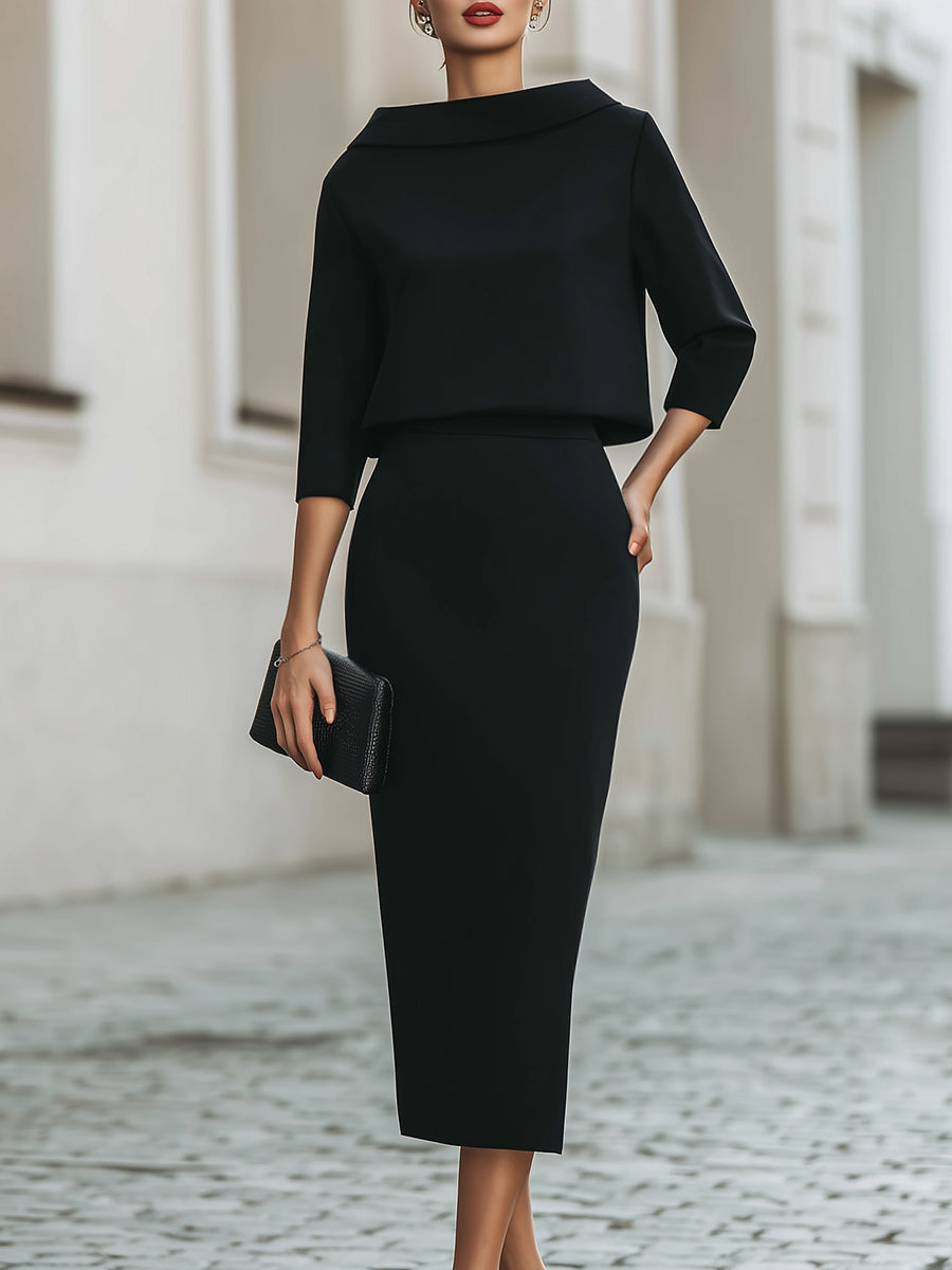 Knit Boat Neck Top and High-Waist Pencil Skirt Set - Black